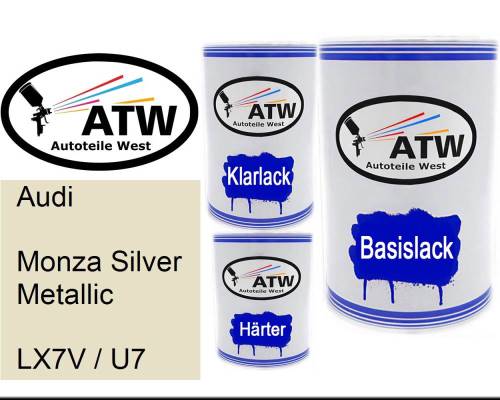 Audi, Monza Silver Metallic, LX7V / U7: 500ml Lackdose + 500ml Klarlack + 250ml Härter - Set, von ATW Autoteile West.